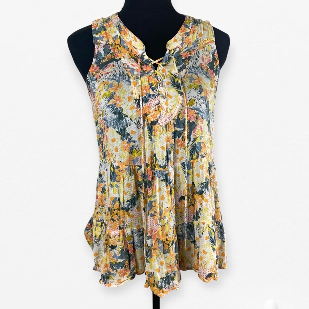Anthropologie Floreat Anafa Tiered Tank Lace-Up Blouse Yellow Orange Floral 8